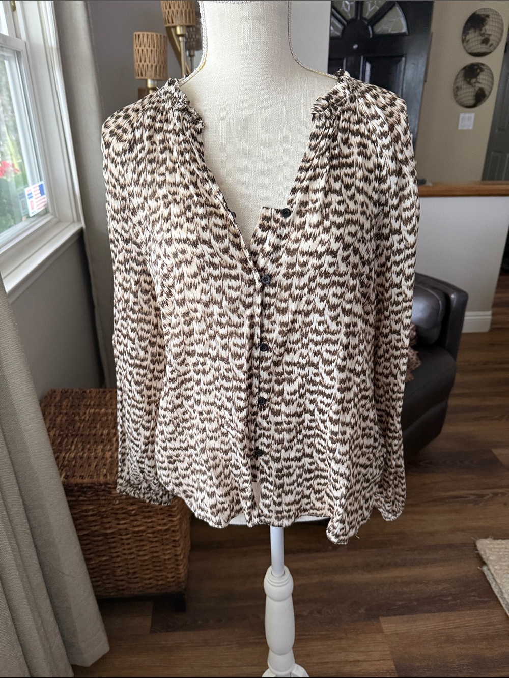 Tahari Cream and Brown Button-Front Blouse